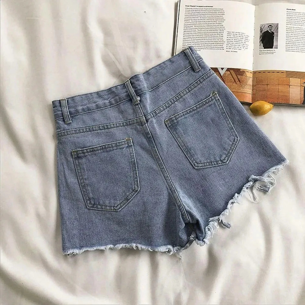 Summer Korean Womens Cow Shorts High Waist Casual Blue Denim Shorts Pocket Tassel Perforated Fashion Shorts Y2K Female Jeans 250207