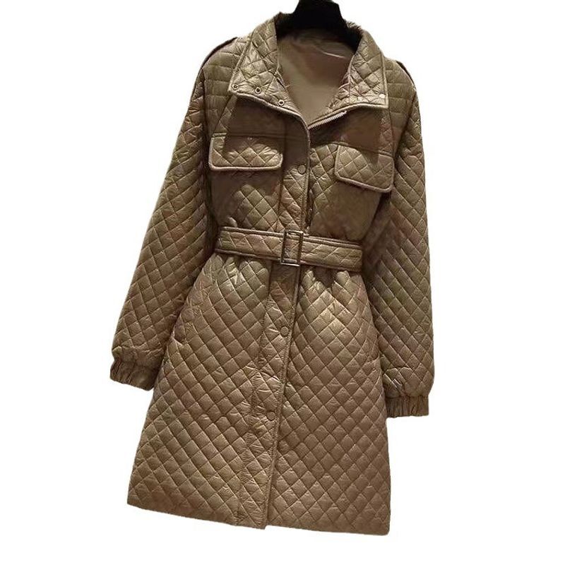 Women's Clothing Fashion Waist Mid Length Lace Up Light Slim Stand Collar Dia Cotton Coat