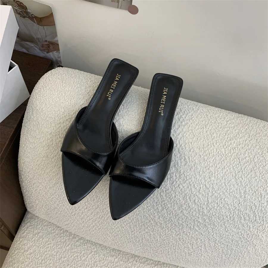 Shoes Ladies Slippers Slipers Women Pointed Toe Thin Heels Heeled Mules Shallow Low Rubber Flip Flops 2025 Summer HighXJ250207