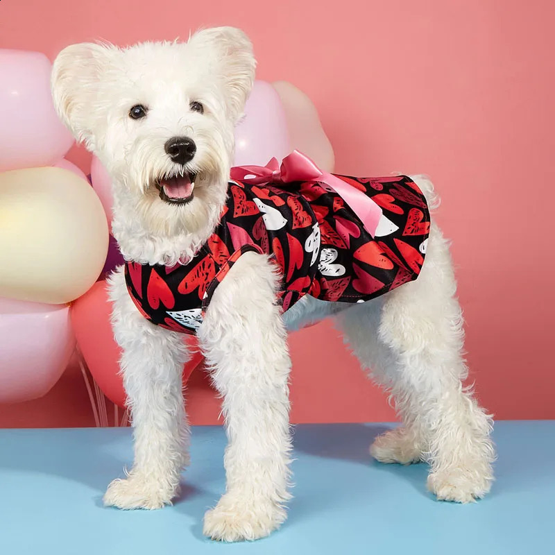 Pet Dog Cat Valentines Day Princess Dress Cute Heart Print Tie-up Bow Costume Party Styling Accessories for Dog Cat Clothes 250206