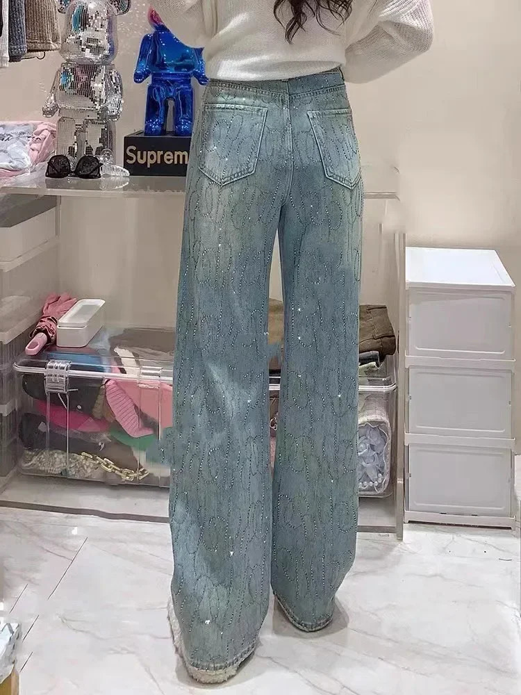 Women Diamond Jeans Shiny High Waist Loose Wide Leg Denim Pants Blue Rhinestone Mopping Pants Streetwear Fashion Trousers 250122