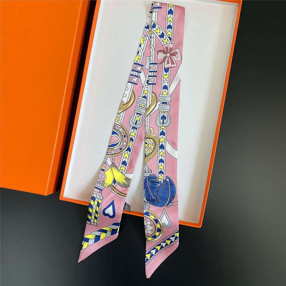 high-end twill printed women's white small tie bag handle, silk tie, wrist scarf, decorative headband
