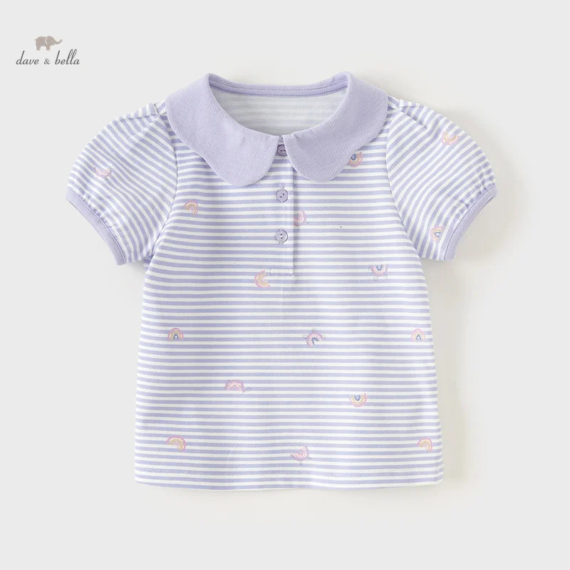 Dave Bella Girls Short Sleeved Polo Shirt with Lapel T-shirt Summer Childrens Clothing Kid Rainbow Print Top DB2241107 250207