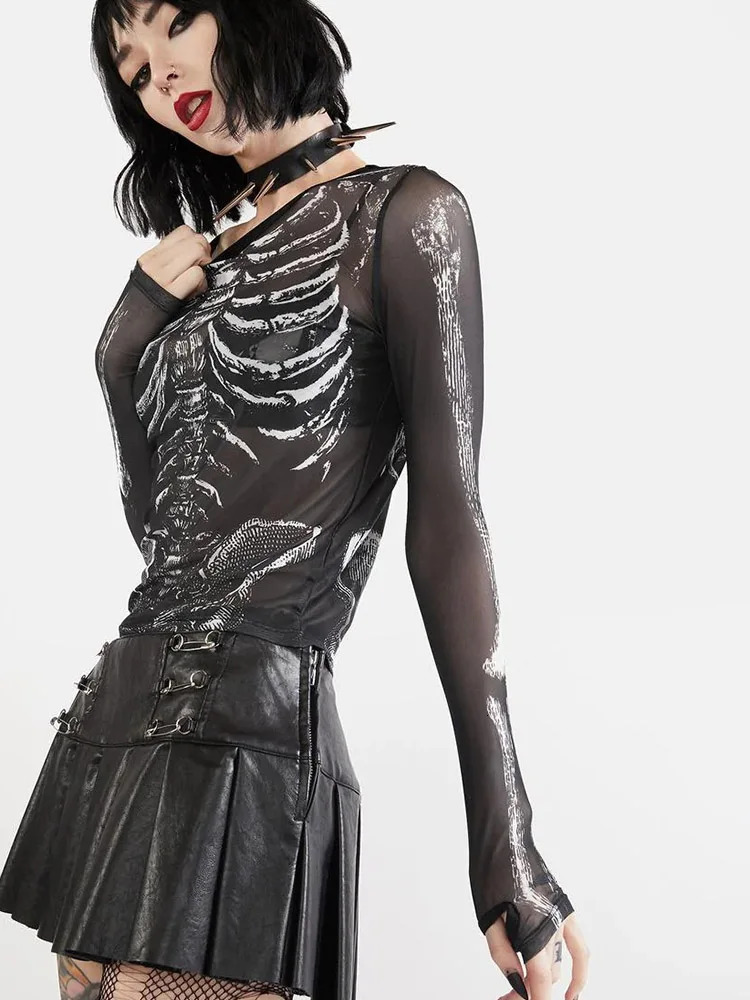 Gothic Punk Shirt 2000s Women Skeleton Pattern Round Neck Long Sleeve Crop Top Black Dark Academia Clothes y2k Tees Streetwear 250206
