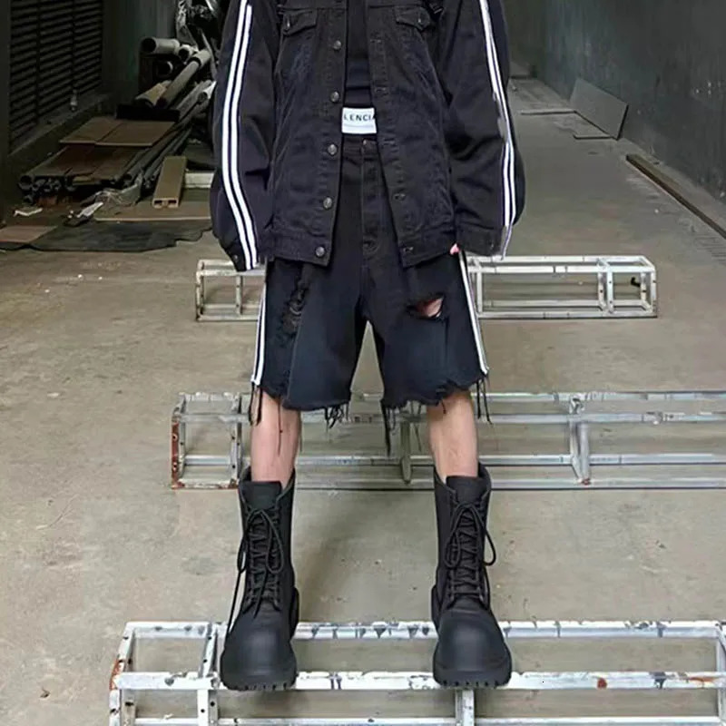 Hi Street Ripped Destroyed Washed Denim Shorts Hip Hop Vintage Harakuju Short Jeans For Male Black 250207