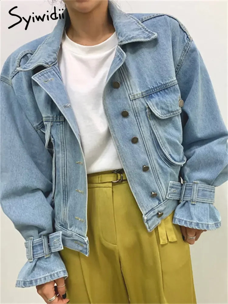 Syiwidii Denim Jacket for Women Loose Single Breasted Turn Down Collar Puff Sleeve Jean Jacket Vintage Korean Fashion Crop Coat 250121