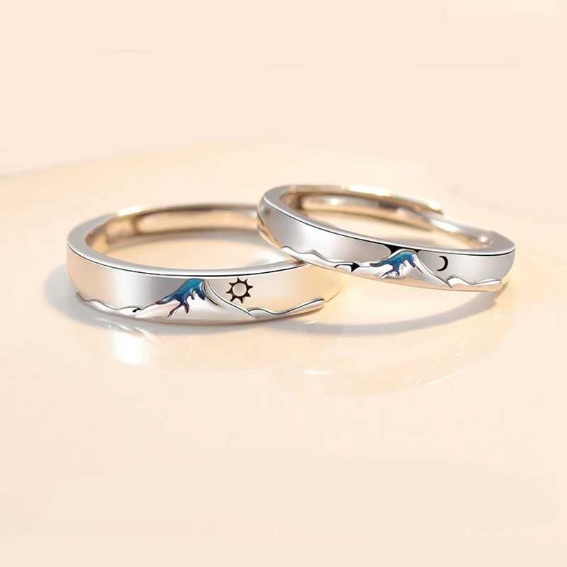 Romantic Sun Moon Couples Rings Blue Sea Enamel Women Men Lovers Rings Sweet Open Adjustable Anniversary Valentines Day Jewelry W250207