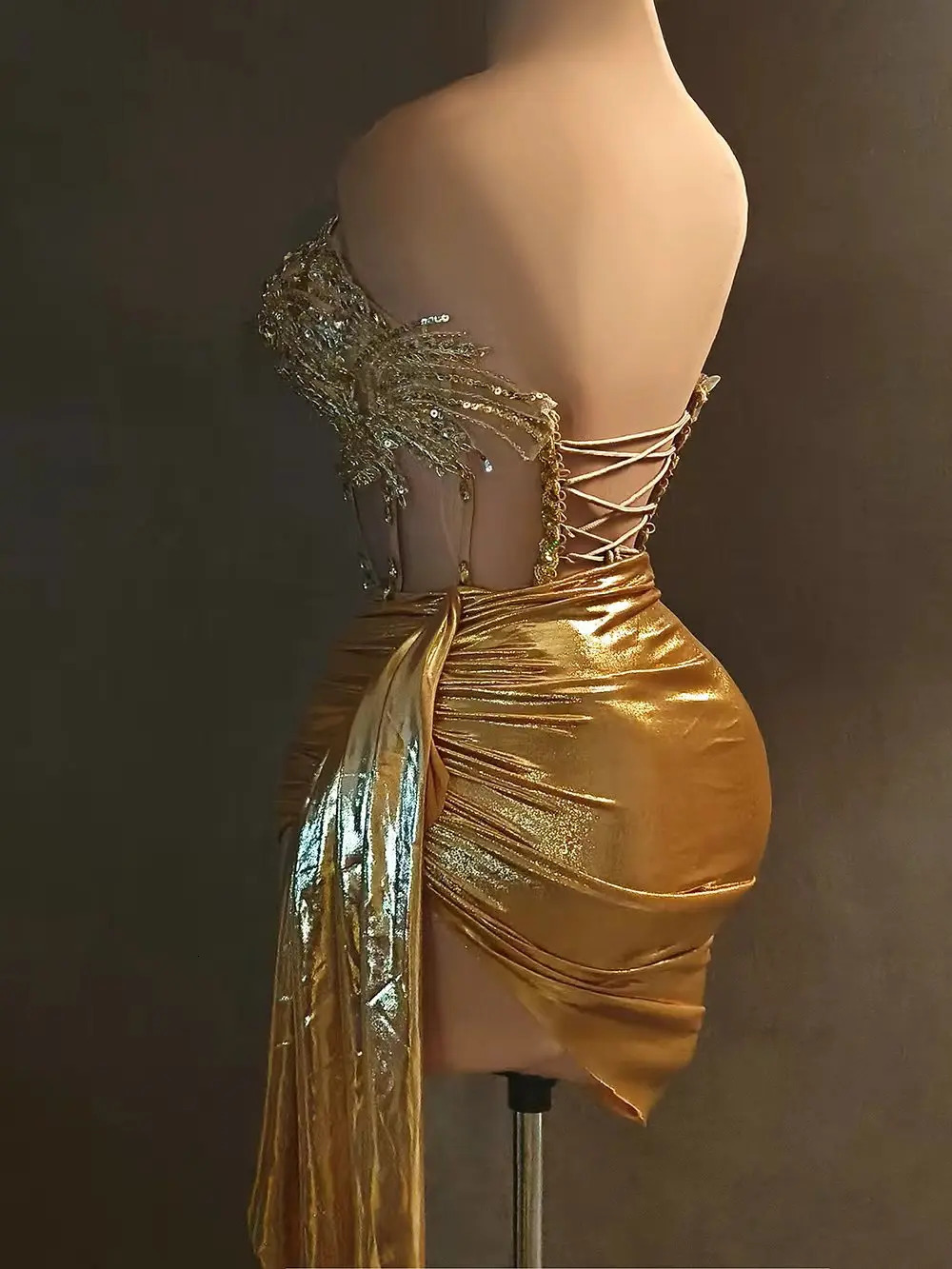 Women Glitter Top Two Pieces Short Skirt Sets Sexy Strapless Sequins Rhinestone Gold Dress Stage Show Outfit 250206
