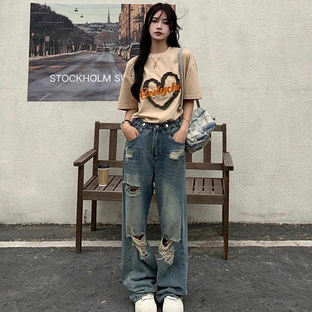 American Retro Holepunched Jean High Waist Straigrotch Loose Slim n Highstreet Vibe Widelegged Dragging Pants 250206