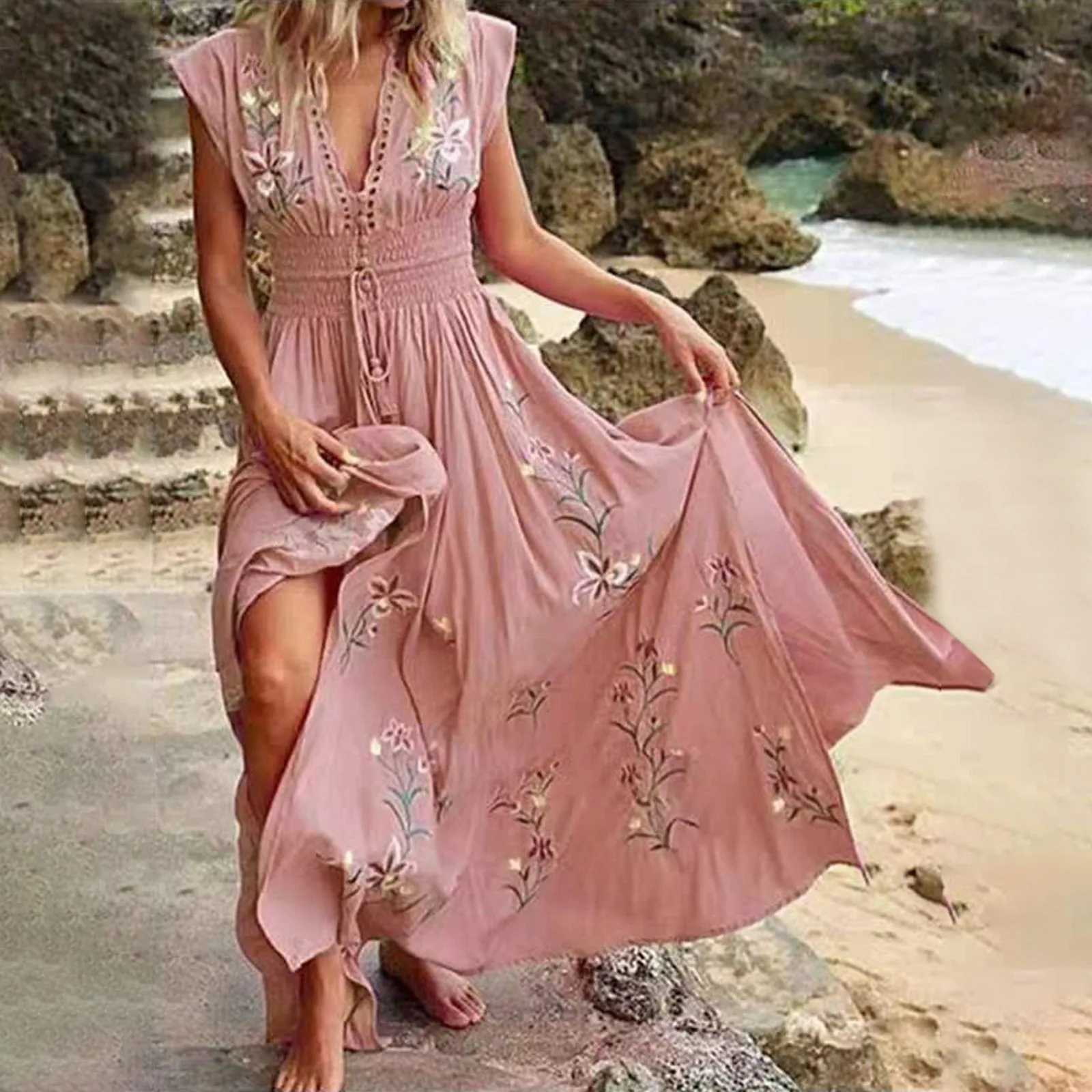 Beach Boho Dress Women Ruffled V-Neck Floral Vintage High Waist A-Line Long Dress Sveless Lace Up Jacquard Maxi SundressXJ2500207