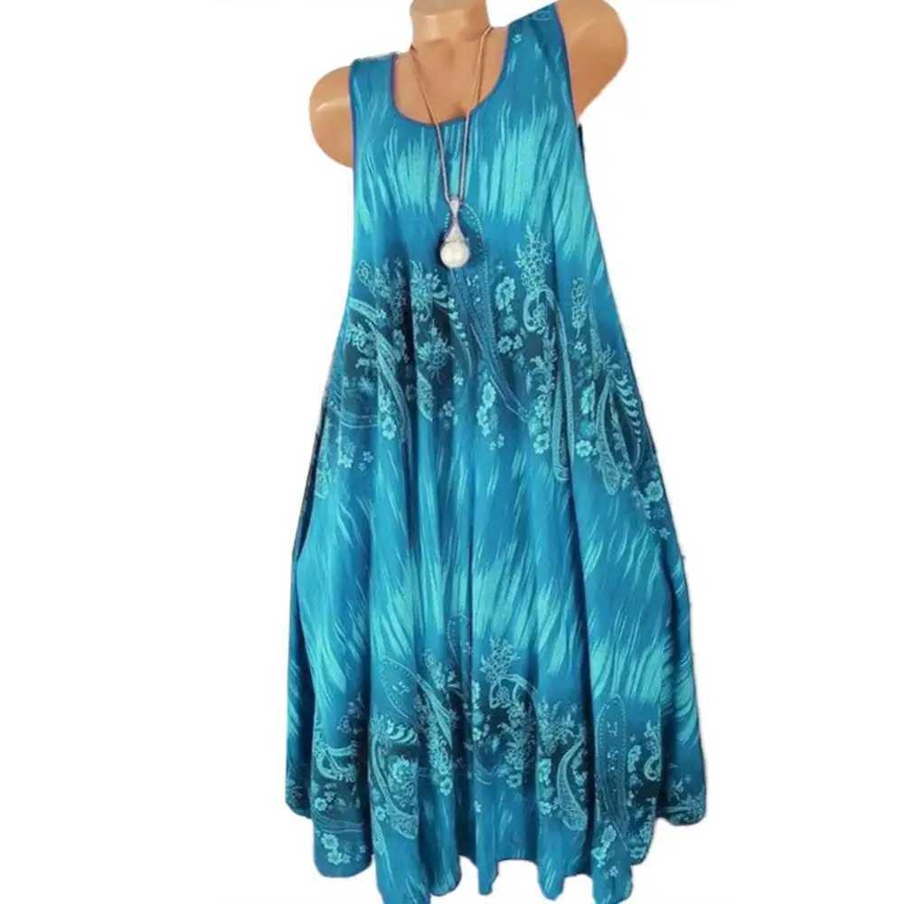 Ele Floral Print Women Summer Dress Round Neck Sveless Loose Pleated Plus Tank DressXJ2500207