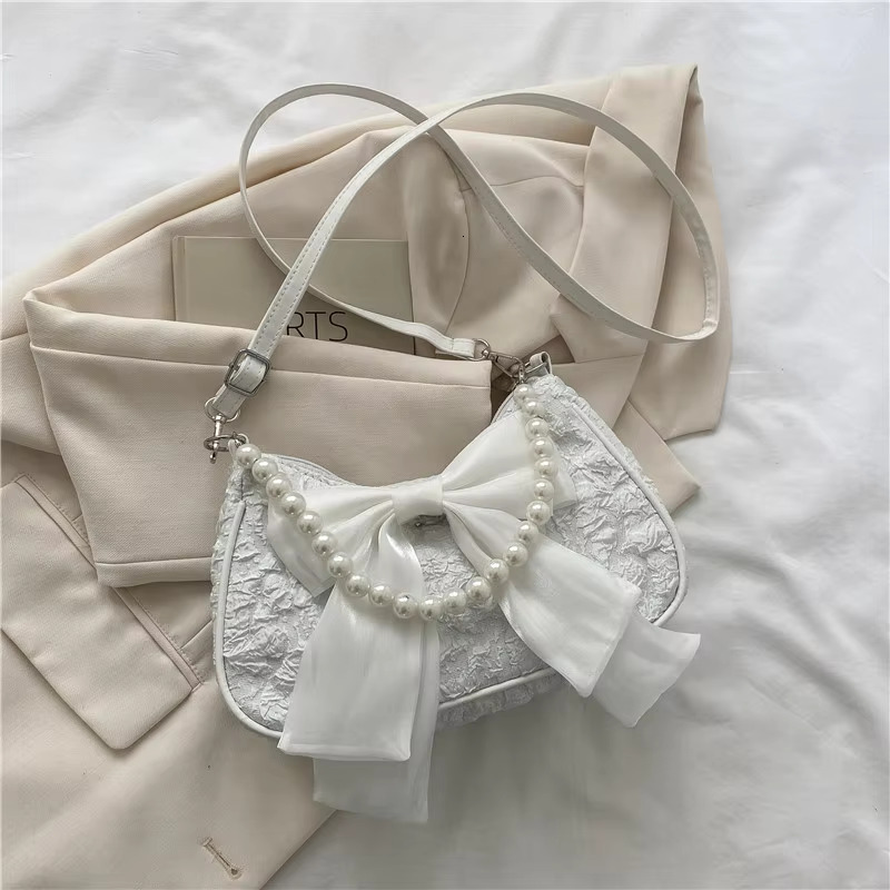 Pearl Female Bag Retro Designer Handbag Bow Crossbody Bags Fashion Canvas Women's Trend Shoulder Bag Purses Polyester Casual