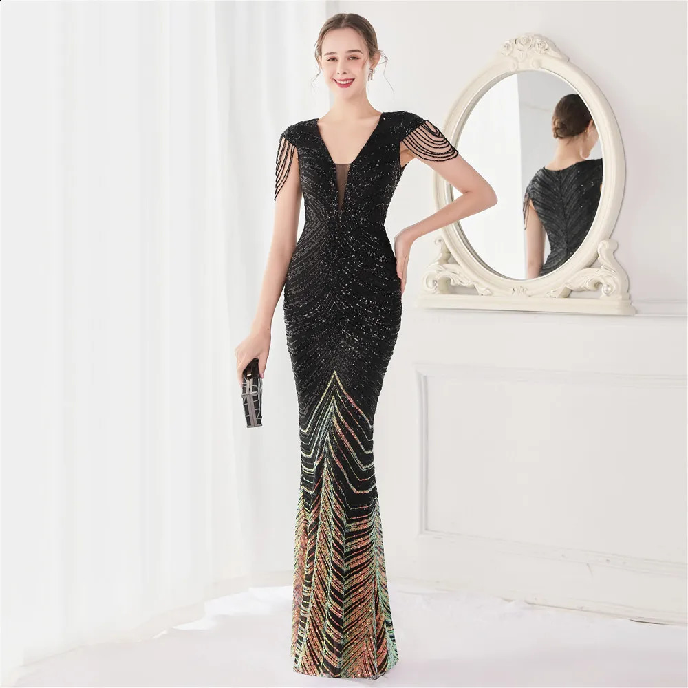 DEERVEADO Elegant V Neck Mermaid Evening Dress Long Beads Women Evening Party Dresses Formal Dress 19085 250114