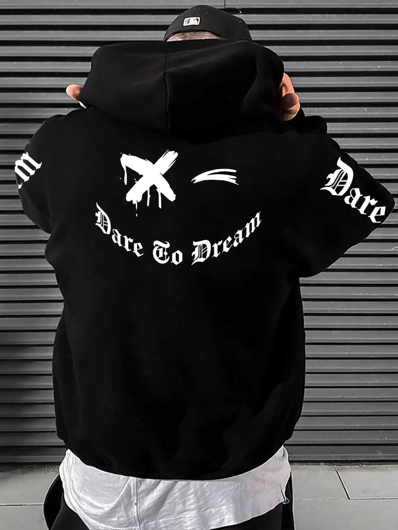 Dare Go Dream Art Words Printed Male Hoodies Street Fleece Clothing Man Hip Hop Autumn Pullovers Streetwear Hip Hop Streetwear W250207