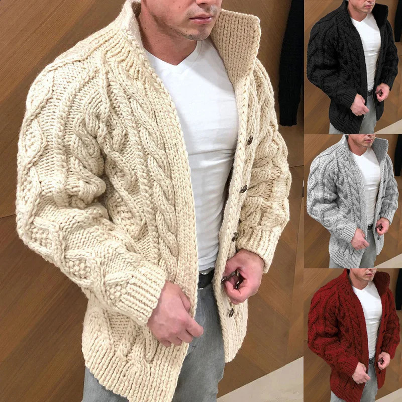 Mens Heavyweight Long - Sleeved Stand - Collar Single - Breasted Casual Sweater Cardigan Outerwear for Autumn and Winter. 250206