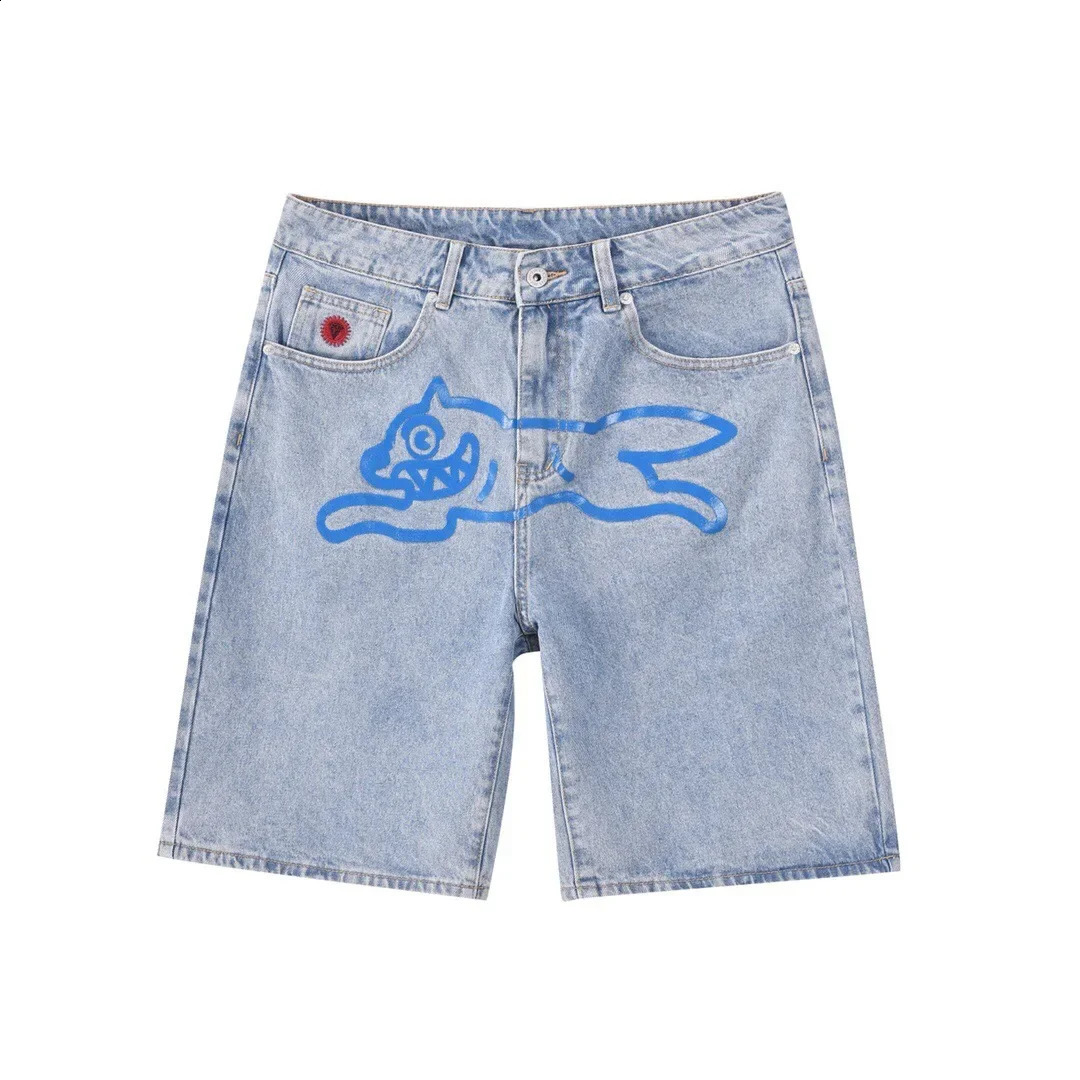 Summer Y2k Streetwear Mens Denim Shorts Hip Pop Dog Printed Male Knee Length Jeans Wide Leg Baggy Shorts Pants 250303
