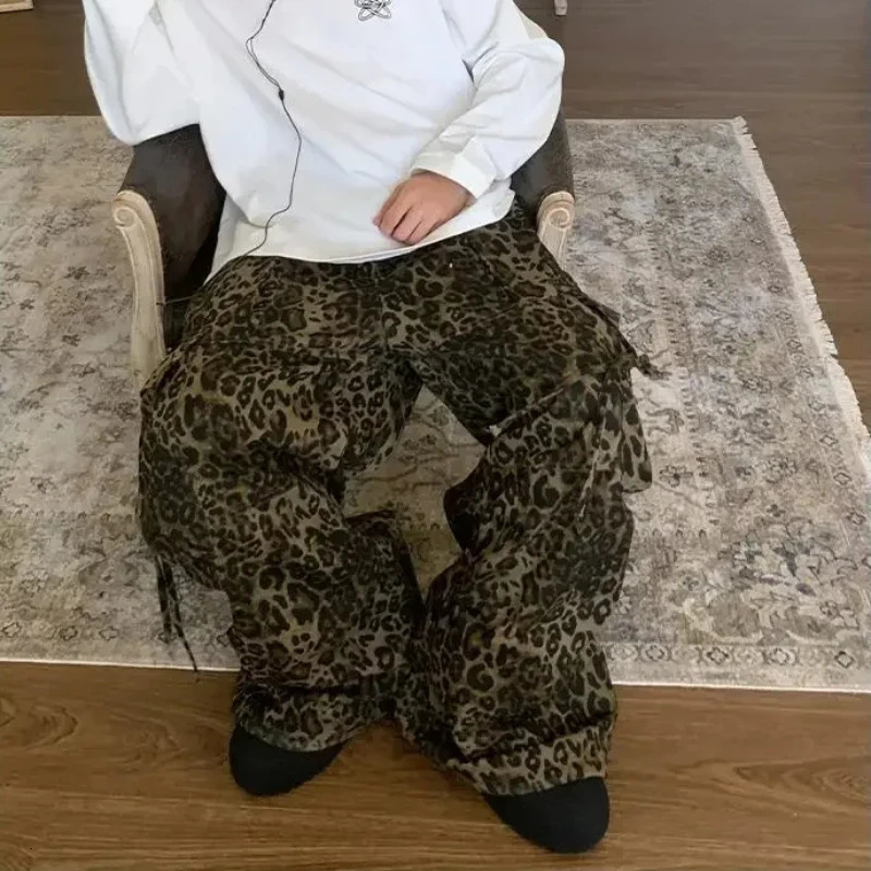 Leopard Cargo Pants Men Y2K Parachute Oversize Wide Leg Trousers Male Streetwear Hip Hop Harajuku Animal Print 250206