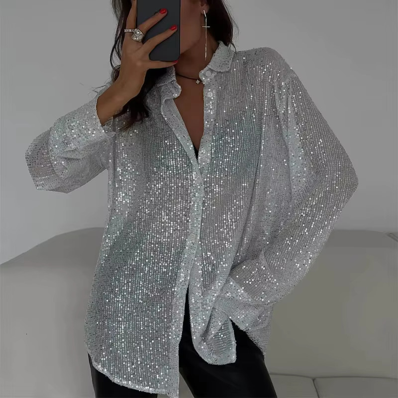 New Pearl Top with Collar Long Sleeved Cardigan Basic Women's Shirt Jacket