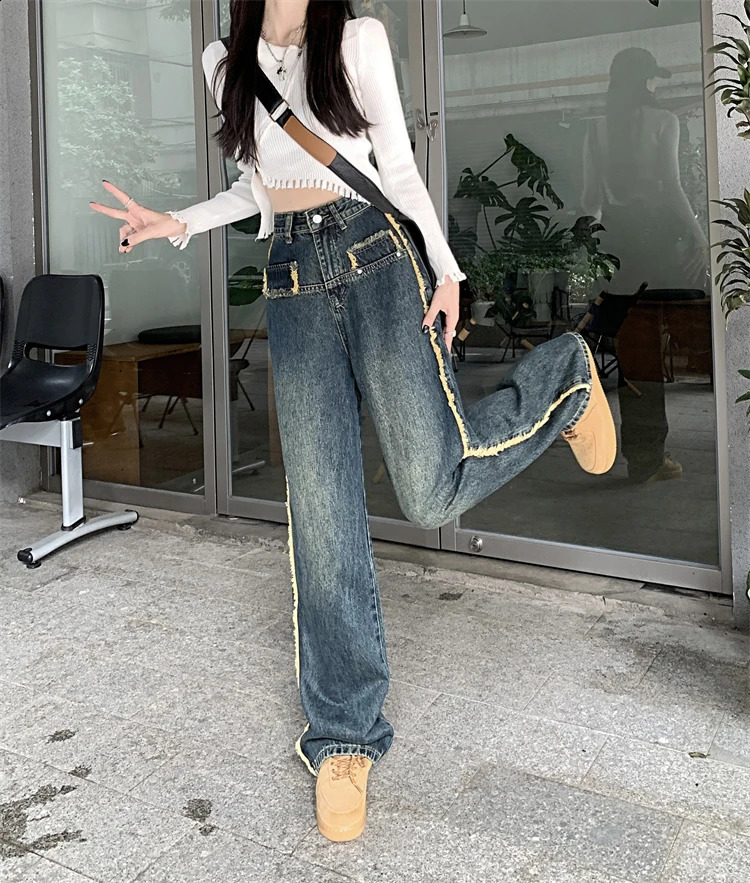 150 Petite girls American vintage furred jeans for women High waisted straight leg wide mop xs with a height of nine points 250206
