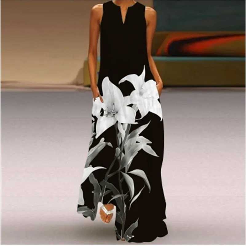 Women Dress Spring Summer Floral Printed Maxi Dresses Casual V-Neck Sveless Boho Beach Party Long Dress Flower Ladies RobeXJ2500207