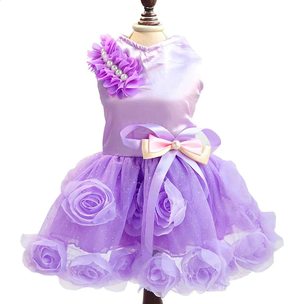 Pet Small Dog Wedding Dress with Bowknot Birthday Party Costume Satin Rose Pearls Girl Formal Dress for Puppy Dog Cat Tutu Dress 250206
