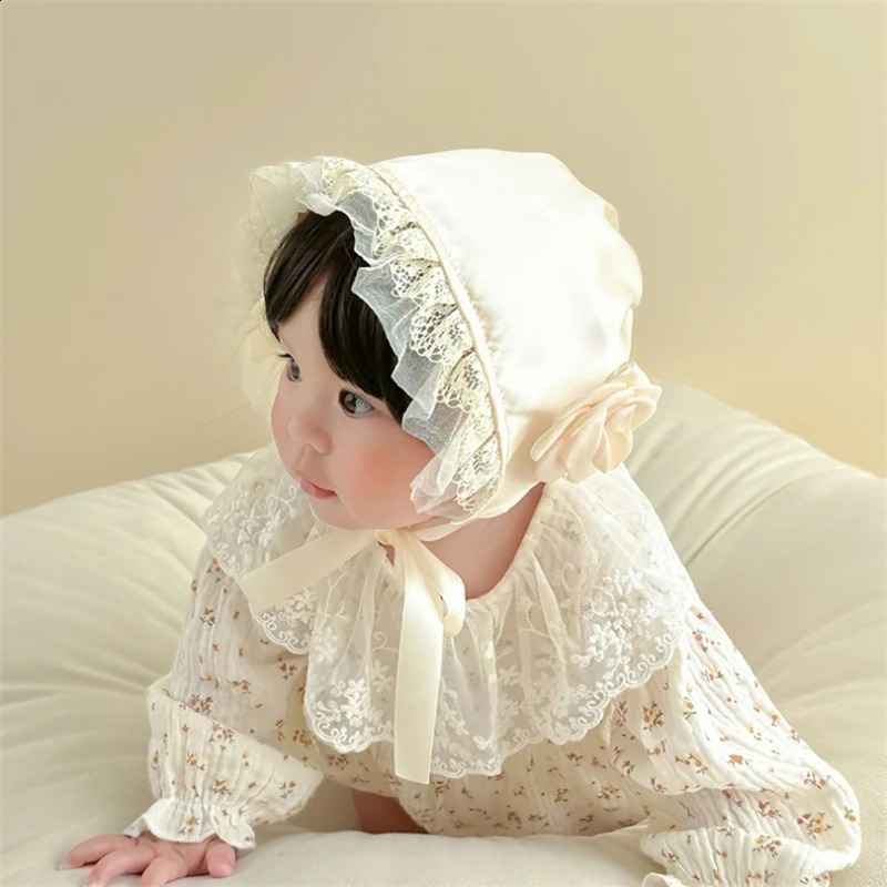 Spring Summer Lace Flower Adjustable Satin Princess Baby Girls Sun Hat born Pography Props Lace Cap 250206