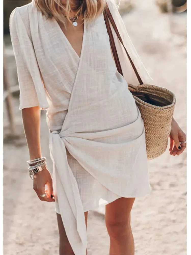Casual V Neck Solid Color Short Sved Cross Lace Up Dress For Women Spring And Summer Simple Ele Mid Length Dresses FeXJ2500207