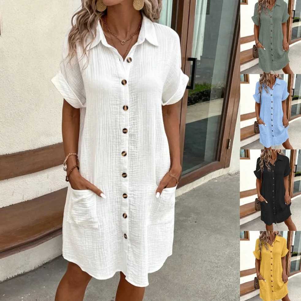 Sexy Button Loose Blouse Dress Summer Fe Turn Down Collar Breasted Button Short Sve Pocket Beachwear Dresses SZE-ST24056XJ2500207