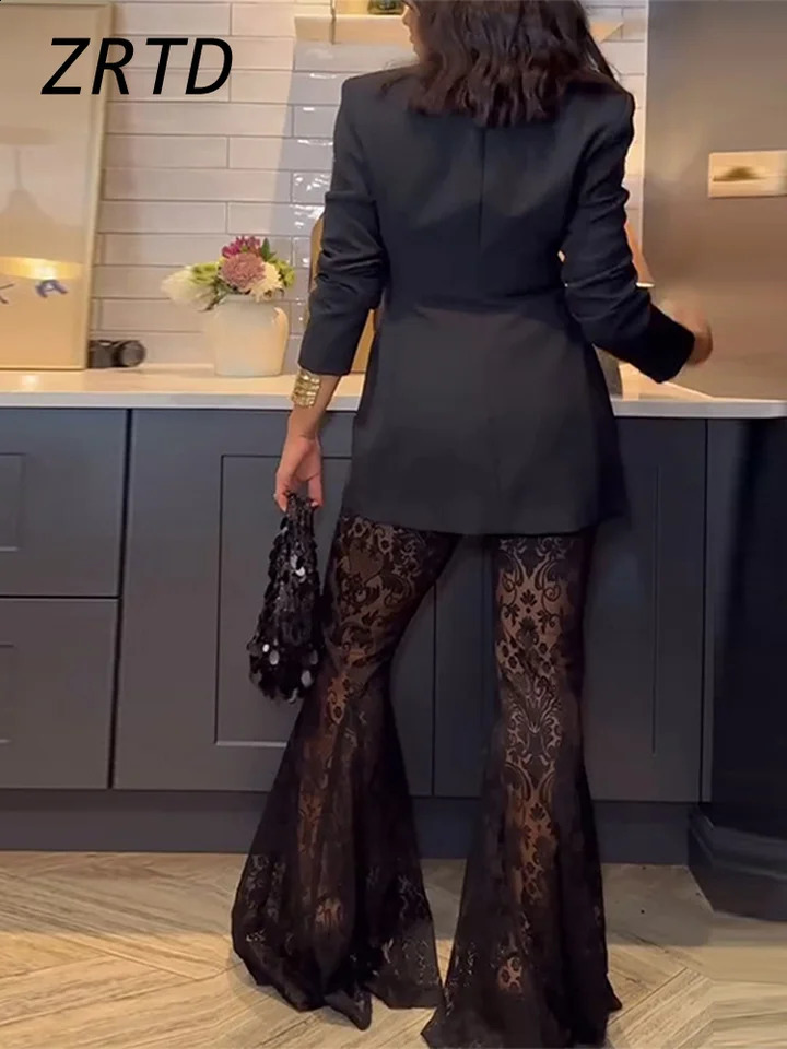 Elegant Blazer Jacquard Lace Pants Sets Women Slim Button Full Sleeve Suit Jacket Long Flare Trousers Lady Party Outfits 250206