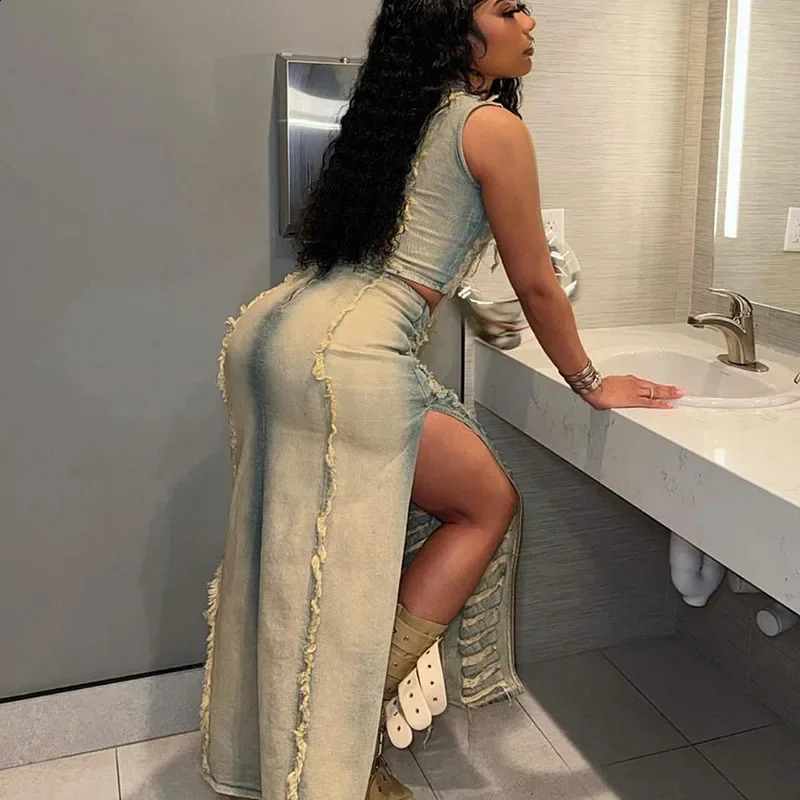 Streetwear Ripped Hole Denim Two Piece Set for Women Y2K Birthday Outfits Sleeveless Crop Top and Side Slit Long Skirt Sets Jean 250207