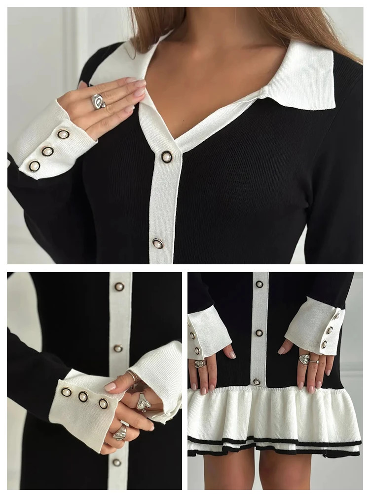 Ruffled Bow Knit Mini Dress Summer Backless Contrast Cardigan LaceUp Elegant Female Knitwear Bandage 250206
