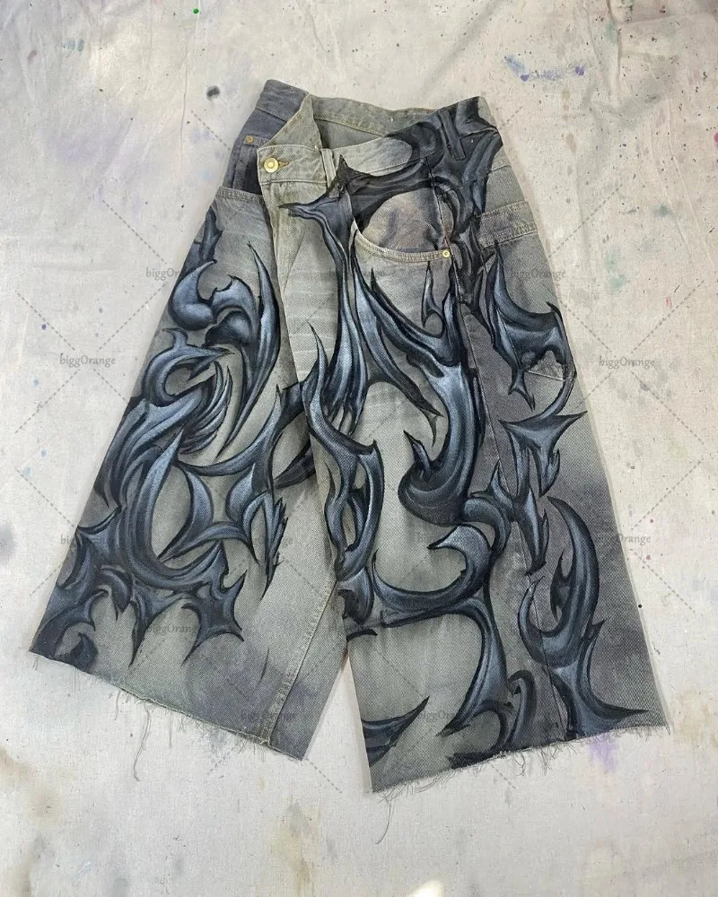 Gothic Punk Graphic Print Denim Shorts American Retro Baggy Five Points Straight Pants Men Harajuku Trend Y2K Streetwear 250207
