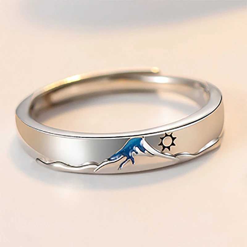 Romantic Sun Moon Couples Rings Blue Sea Enamel Women Men Lovers Rings Sweet Open Adjustable Anniversary Valentines Day Jewelry W250207