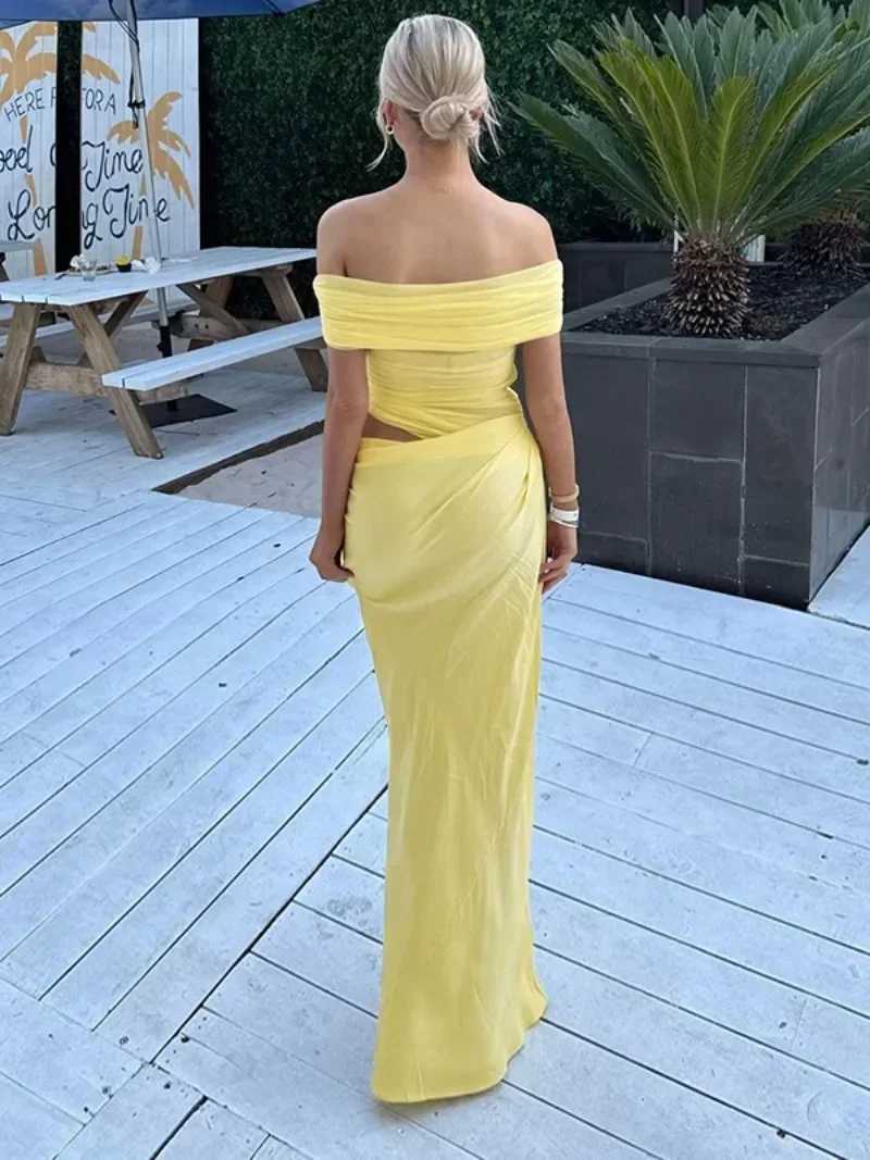 Elegant Yellow Holiday Beach Dresses for Women Sexy Slash Neck Mesh Patchwork Evening Dress Folds Hollow Out Long Party Gowns X250207