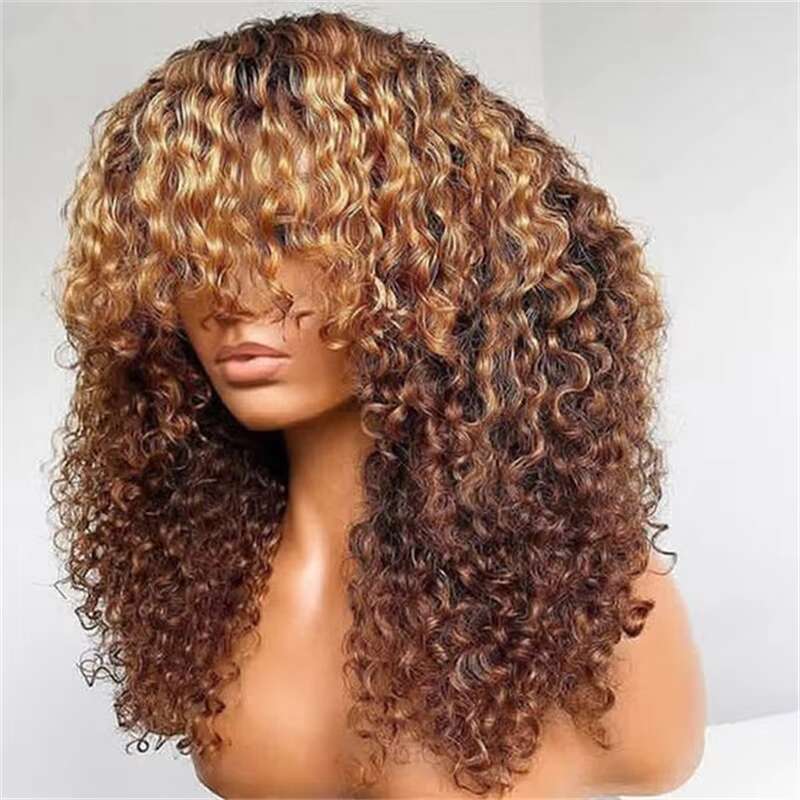 Glueless 26Inch Soft Long Ombre Blond 180Density Kinky Curly Hine For Women With Bangs Baby Hair Preplucked Daily Wig