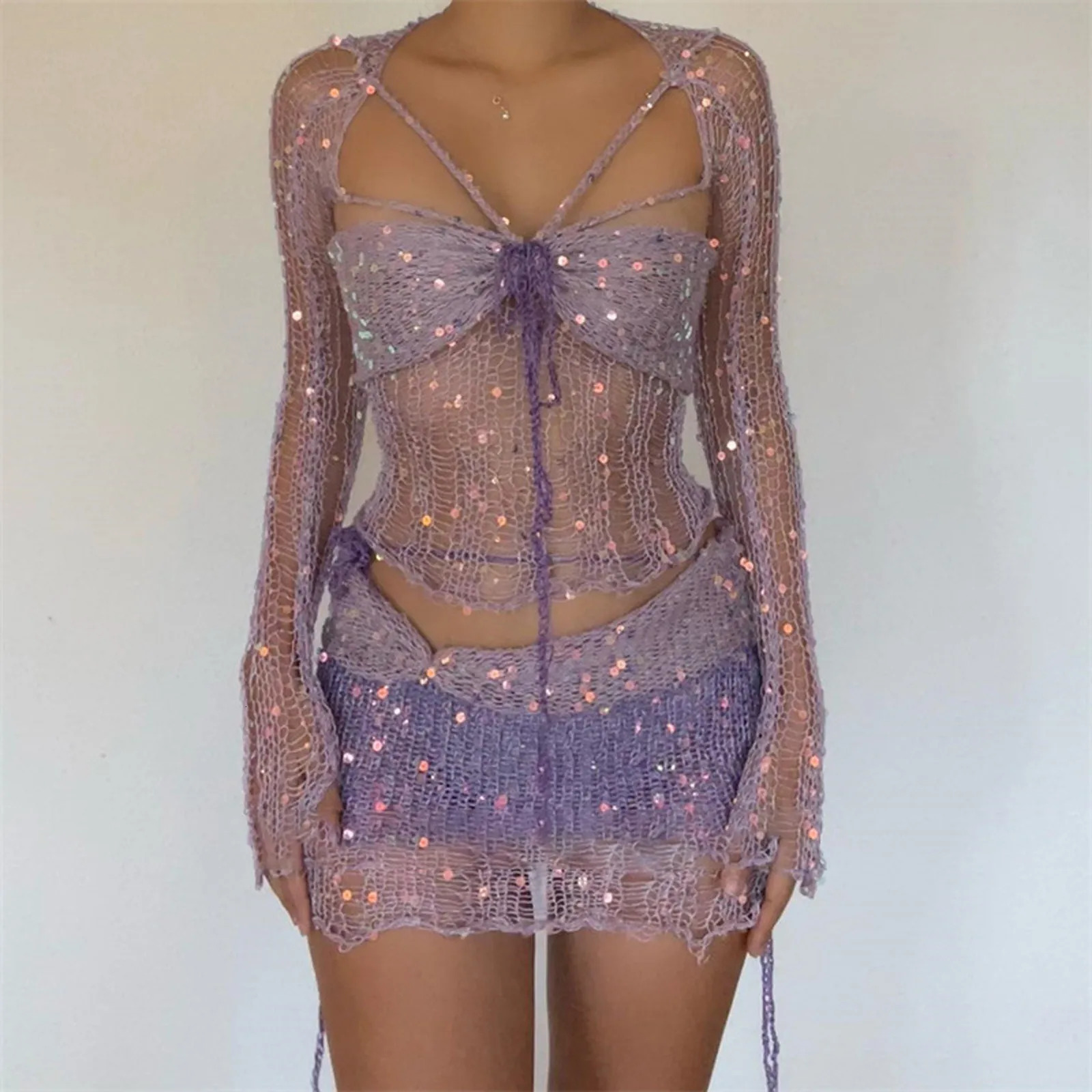 Womens Glitter Sequins Knitted Skirt Sets Sexy 3 Piece Outfit Vacation Festival Clothing See Through Top and Mini Skirts Set 250206