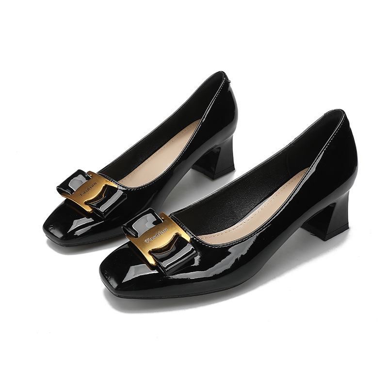 Square head chunky heels 2025 new fashion wine red patent leather with skirt in the single shoes spring and summer all match gentle shoes