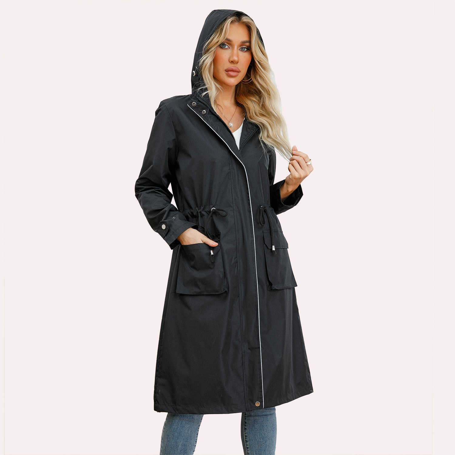 European Spring Autumn Long Casual Windbreaker WoMens Splash-proof Hooded Solid Color Striped Lining Straight Jacket Womens Long Trench Coat Womens Ja