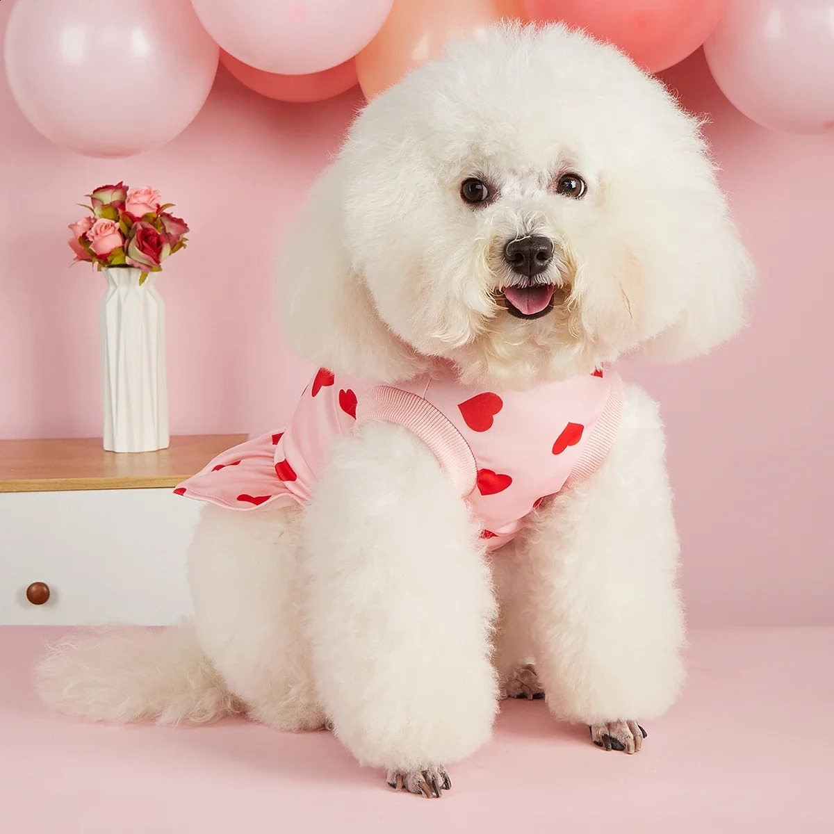 Dog Sweatershirt Dress Valentines Day Dog Clothes Pullover Casual Style Comfortable Pink Heart Pattern Holiday Girl Tulle Skirt 250206