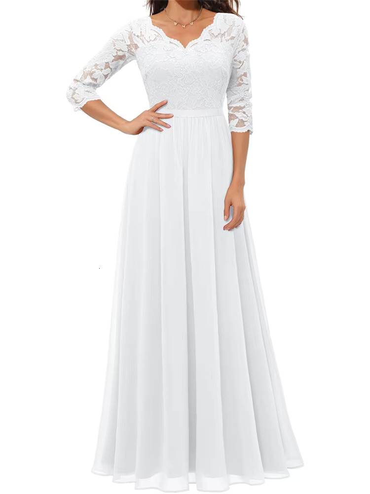 Women's Long Dress Patchwork Lace V-Neck Half Sleeve Pleated Dresses For Party Wedding Evening Elegant