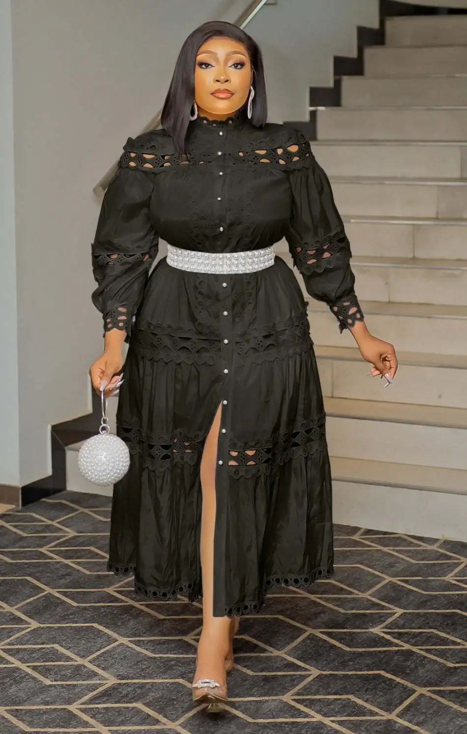 2024 Style Women Dress Plus Size 5XL Hollow Out Lace Patchwork Solid Color Round Neck Long Dress Pearls Belt Buttons Gowns 250207