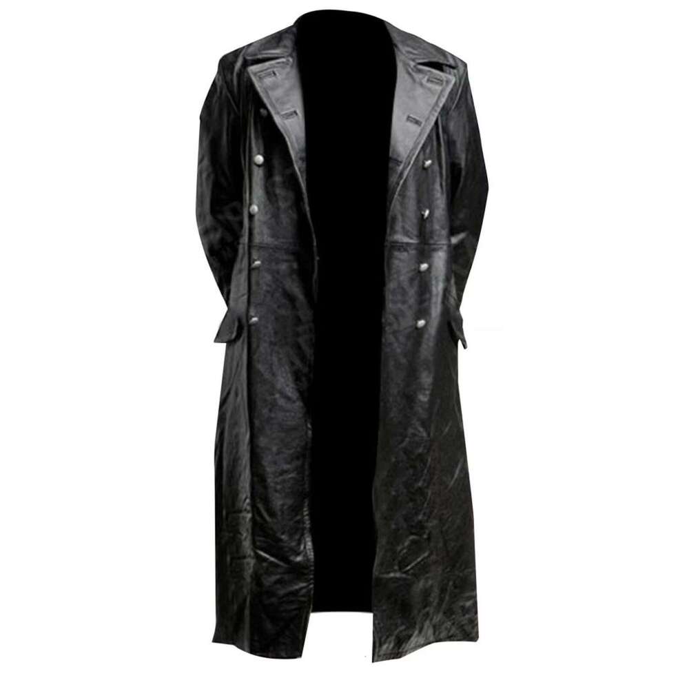 Men's Leather Jacket PU Men's Classic German WWII Military Uniform Officer Black Leather Trench Coat