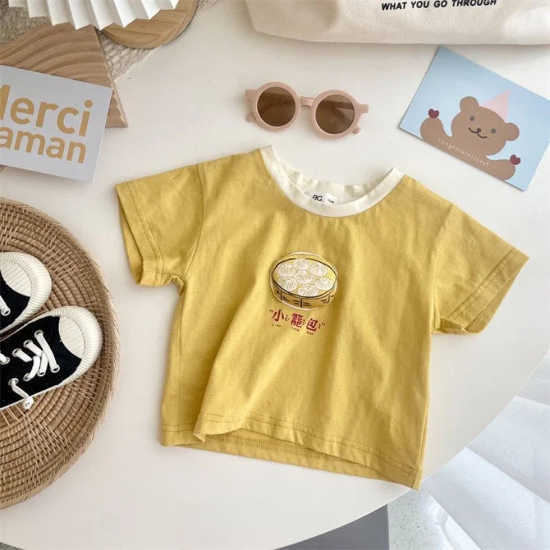 HoneyCherry Summer Cartoon Cotton Short-sleeved T-shirt Childrens Casual Round Neck Tops Kid Clothing 250207