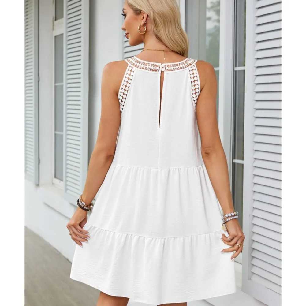 Fashion Sexy Hollow Lace Patchwork Halter Neck Women A Line Dress Summer Casual Solid Color Loose Beach Holiday Fe SundressXJ2500207