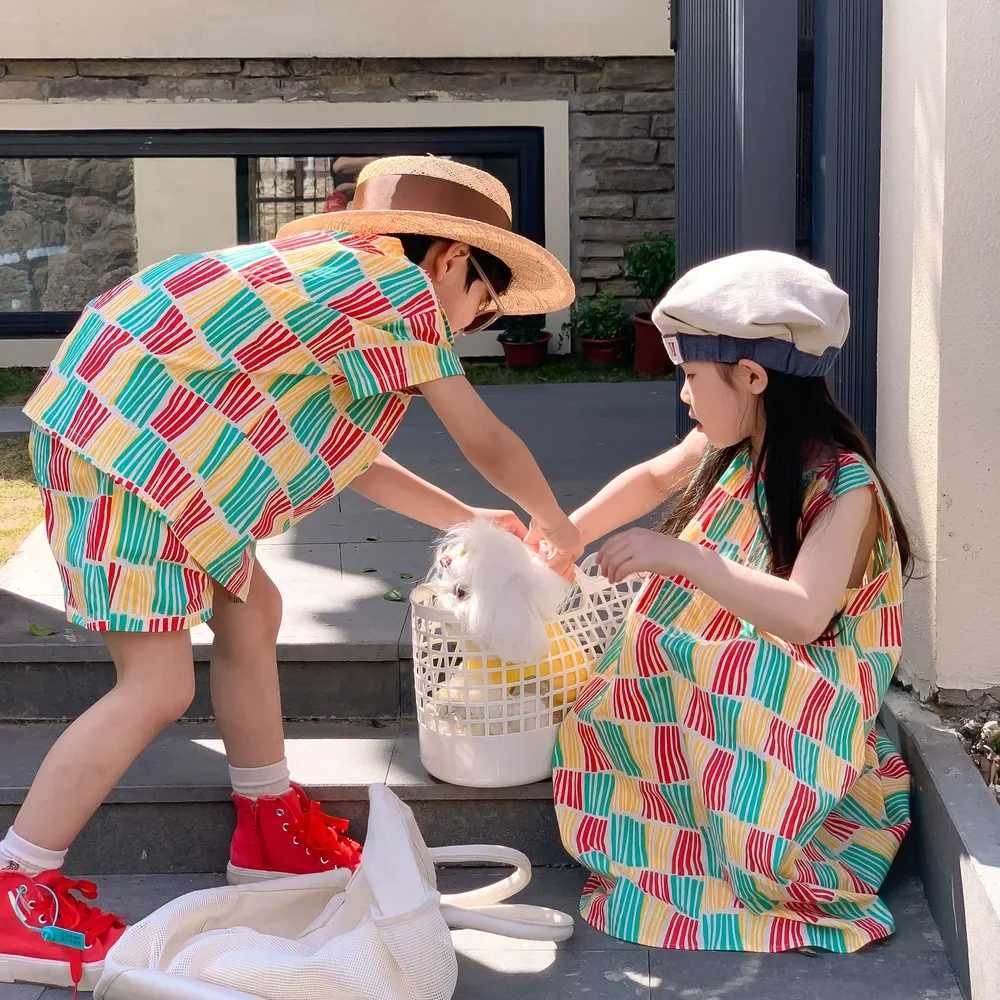 Summer Boy Clothes Set Girl dress Korean Style Contrast Stripe Shorts Set Sleeveless Skirt family matching outfits Sibling look W250207