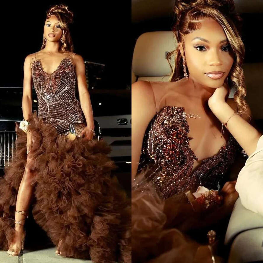 Stunning Brown Mermaid Prom Dress Black Sheer Jewel Neck Beaded Crystal Evening Elegant Tiered Ruched Skirt Split African Formal Dresses For Women