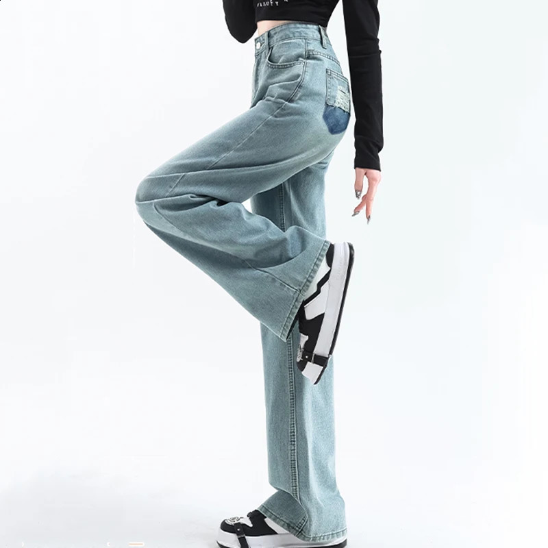 Denim Jeans Tall Straight Womens Korean High Waisted Pants Fashion Spring Autumn Perforated Wide Leg Trousers 250206