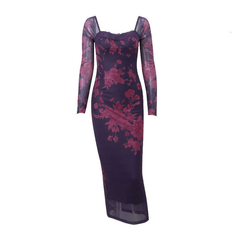 European and American women's autumn sexy retro printed lace strap slim fit slit long sleeved dress for women 2025 new style temperament chic ele