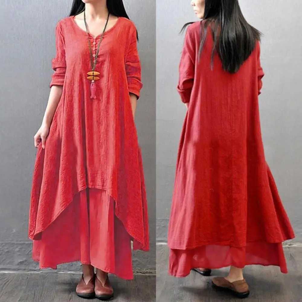 Fe Oversize Long Dresses for Women 2024 Oversized Women Solid Color Long Sve Baggy Loose Layered Maxi DressXJ2500207
