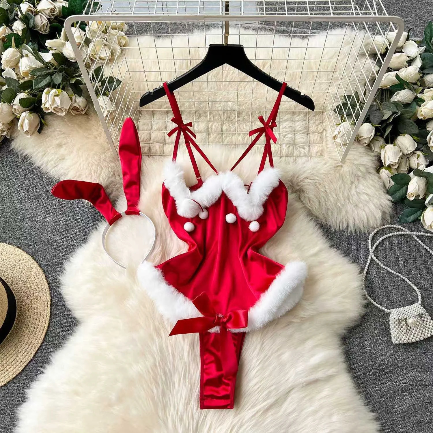 in Christmas Dress Secret Clothes Sexy Slim Red Short Pajama Erotic Lingerie Winter sweet Bodycon Nightwear 250206